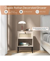 Gymax Rattan Nightstand Boho End Table with Drawer & Open Shelf for Living Room