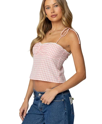 Edikted Womens Billie Open Tie Back Gingham Top