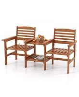 Outdoor Patio Wood 2-Seat Conversation Set with Coffee Table and Umbrella Hole