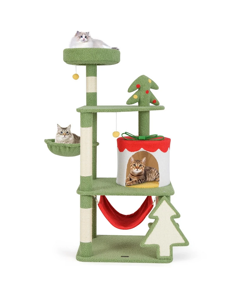 Cute Christmas Cat Tree with Scratching Posts & Gift Box-Shaped Condo Festive Playhouse for Cats