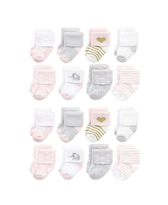 Hudson Baby Cotton Rich Baby Terry Socks 16-Pack, Pink Gray Elephant, 0-6 Months