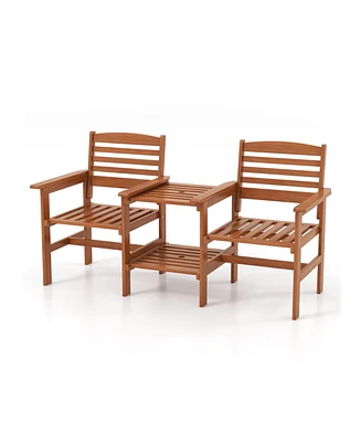 Outdoor Patio Wood 2-Seat Conversation Set with Coffee Table and Umbrella Hole