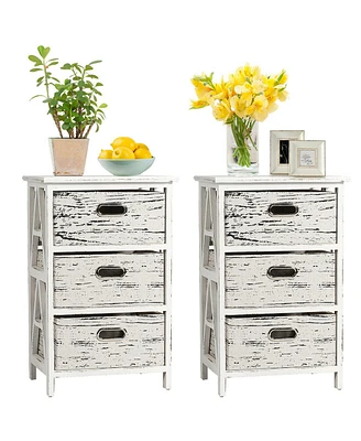 Gymax Set of 2 Chest w/3 Fabric Drawers Vintage Wood Frame End Side Table Nightstand