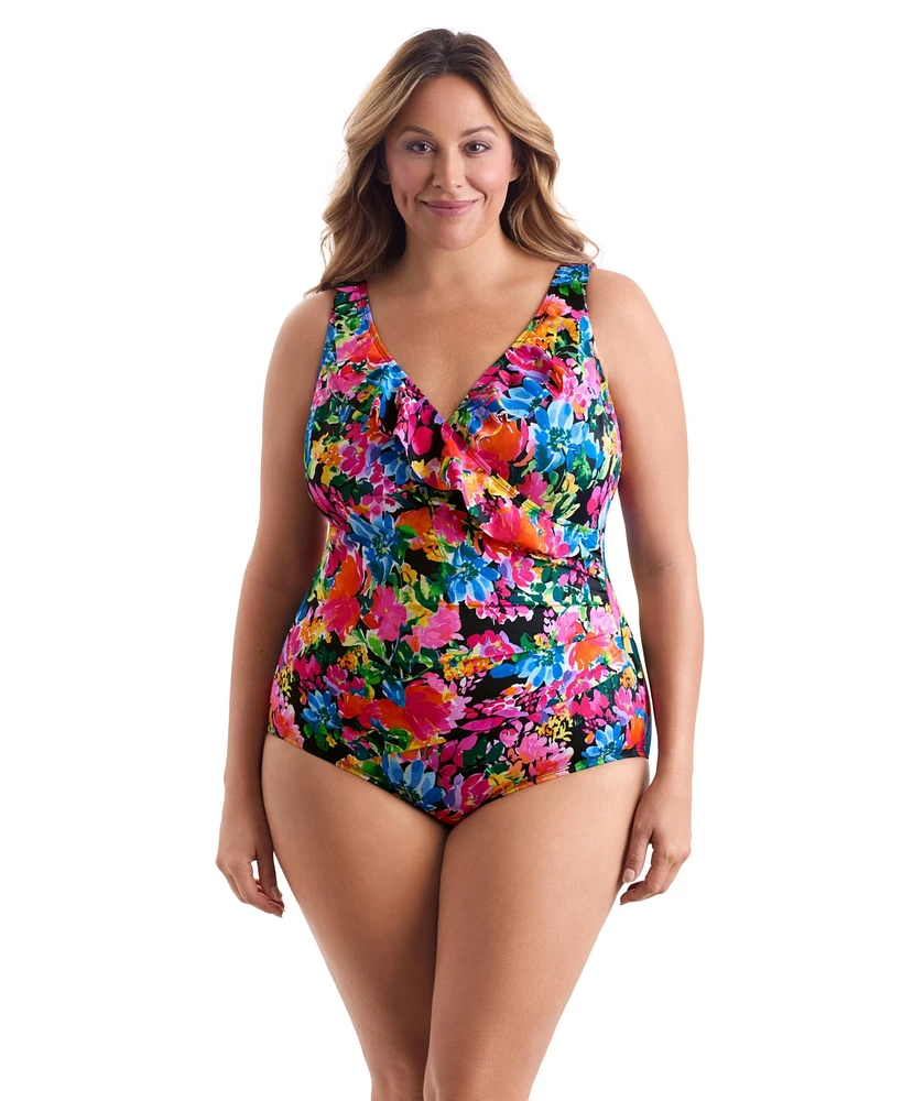 Longitude by Mimi Flamingo Blooming Bouquet Ruffle Front Surplice One Piece Swimsuit