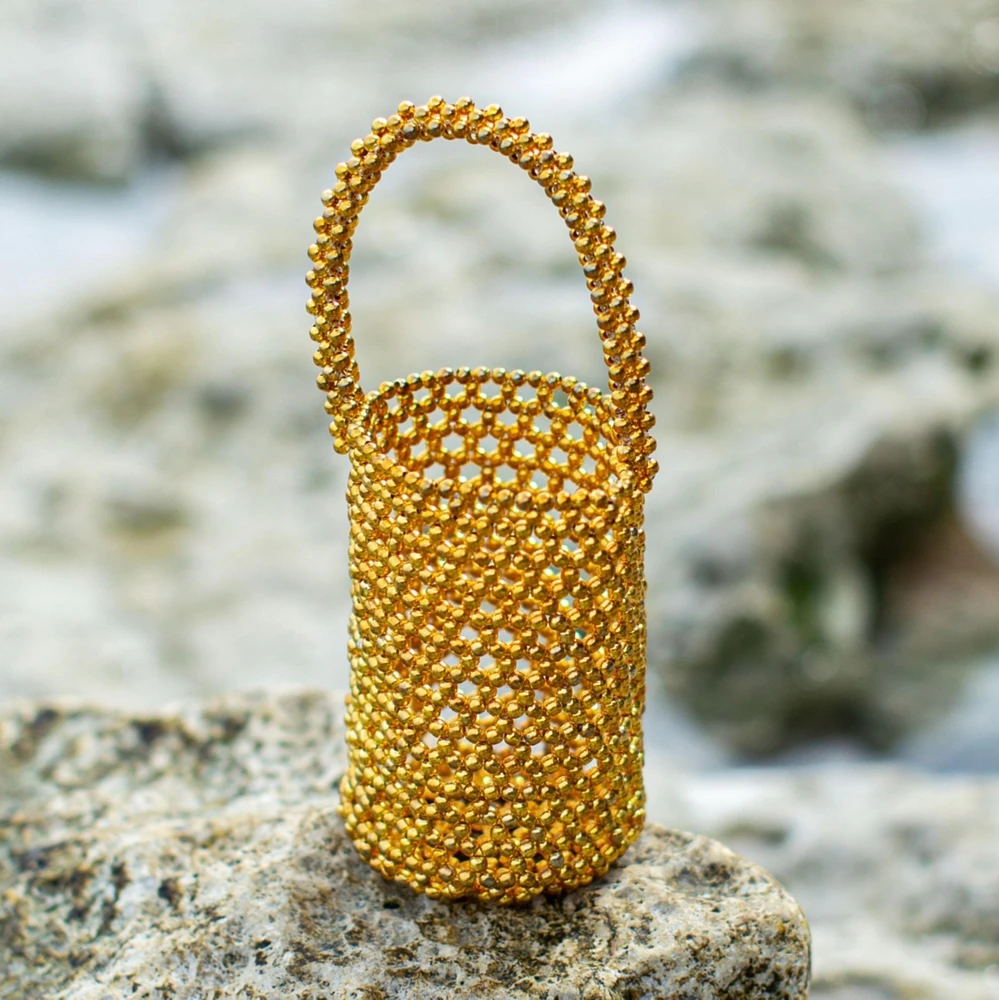 Golda Metallic Beads Bucket Bag In Gold