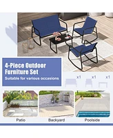 4 Pcs Patio Rocking Set Rocking Chairs & Loveseat with Glass-Top Table Outdoor