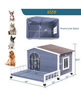 Large Wooden Dog House Indoor Outdoor with Terrace and Open Waterproof Asphalt Roof for Small and Medium Dogs