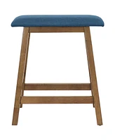 Rubberwood Backless Counter-Height Stools - Weathered Oak Finish with Blue Cushions - Set of 2