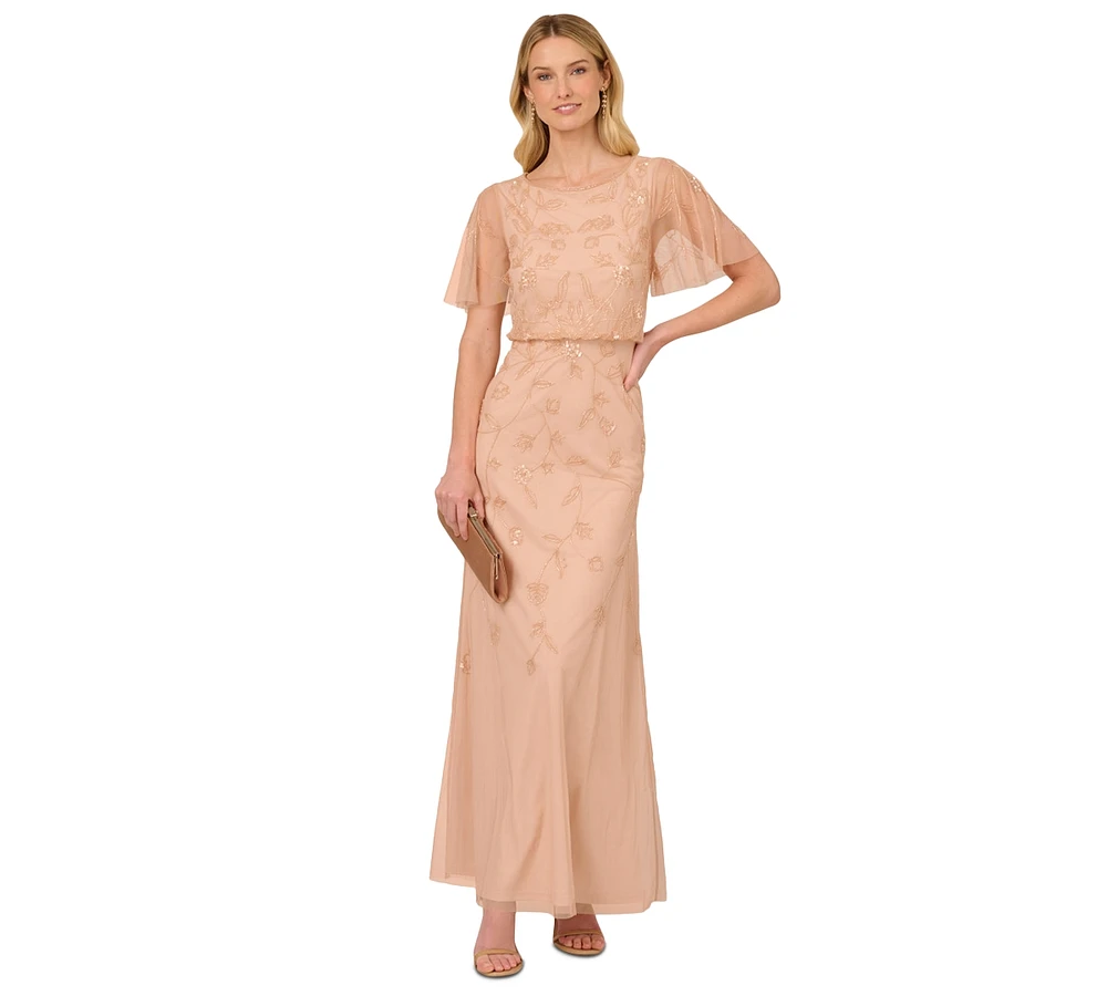 Adrianna Papell Women's Beaded Flutter-Sleeve Gown