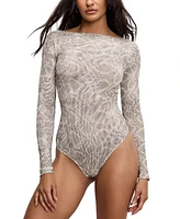 Good American Women's Printed Boat-Neck Long-Sleeve Mesh Bodysuit