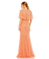Mac Duggal Women's Embellished Illusion Cape Sleeve Trumpet Gown