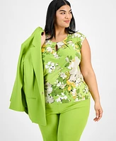 Kasper Plus Sleeveless Printed Keyhole Blouse