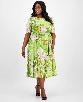 Kasper Plus Printed Tie-Waist Midi Dress