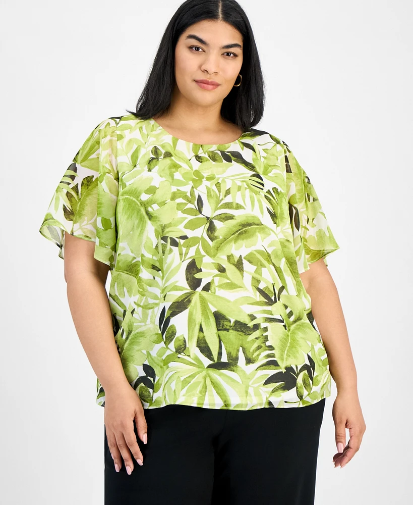 Kasper Plus Printed Flutter-Sleeve Blouse