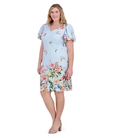 Eliza J Plus Printed V-Neck Puff-Sleeve Dress