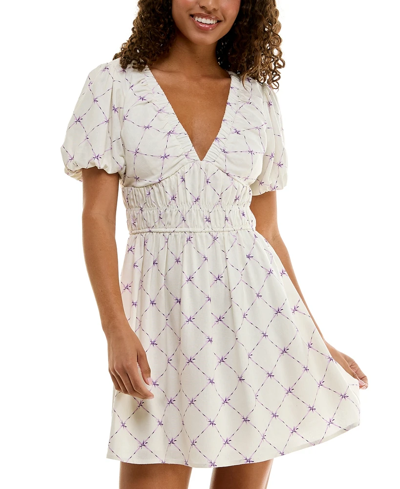 Trixxi Juniors' Puff-Sleeve Surplice Ruched Fit & Flare Dress