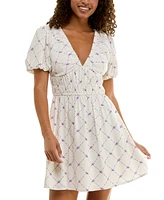 Trixxi Juniors' Puff-Sleeve Surplice Ruched Fit & Flare Dress