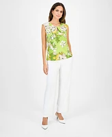 Kasper Women's Floral-Print Pleat-Neck Sleeveless Keyhole Top