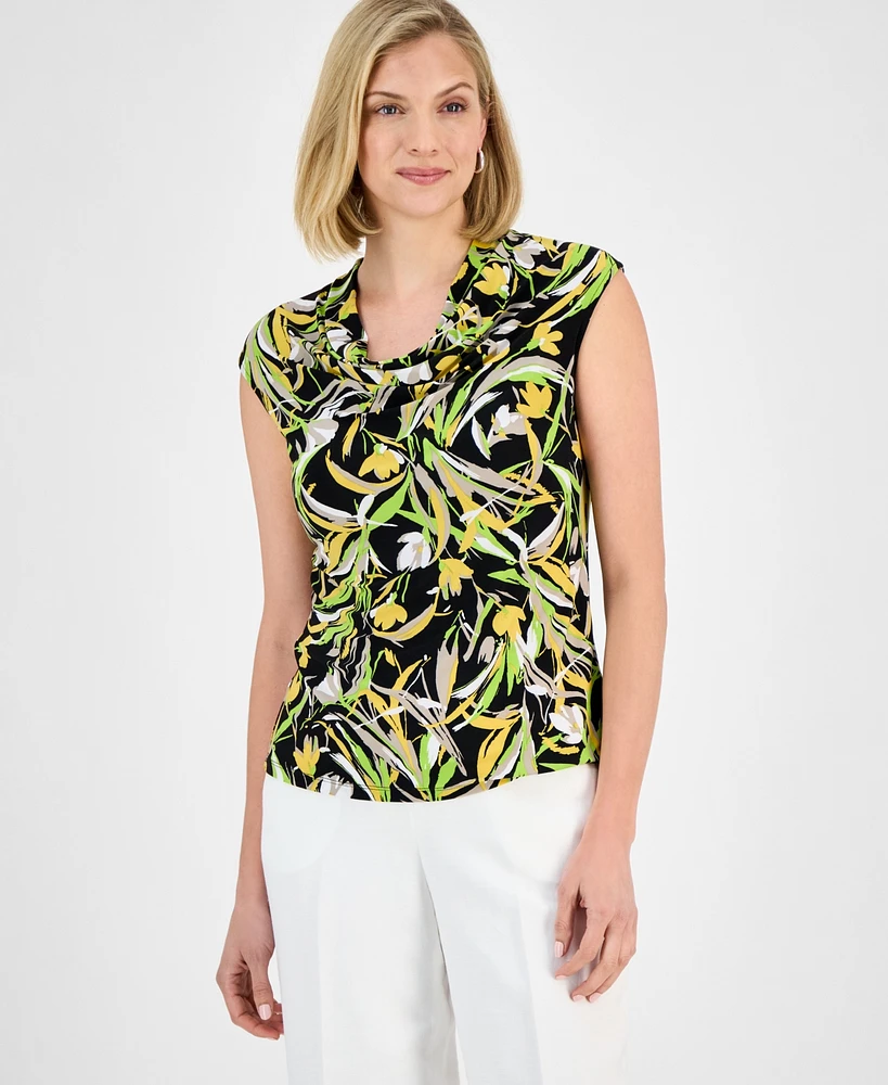Kasper Women's Floral-Print Cowlneck Cap-Sleeve Top