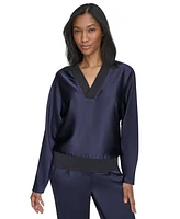 Halston Women's Twill-Satin Ribbed V-Neck Blouse
