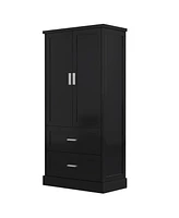 Tall Bathroom Storage Cabinet, Cabinet with Two Doors and Drawers, Adjustable Shelf, Mdf Board, Black