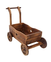 Wooden Wagon Planter with Wheels, Drain Hole & Handle