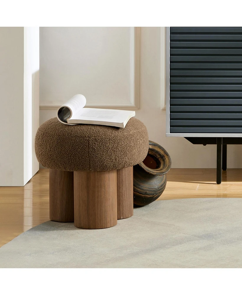 Mushroom stool, brown lamb wool seat, barrel Pvc pipe with walnut veneer