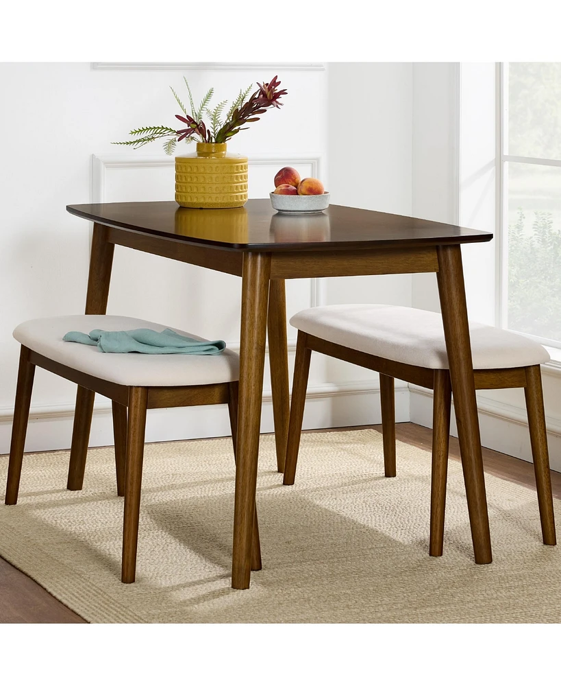 Best Choice Products 3-Piece Mid-Century Modern Upholstered Wooden Dining Set w/ 2 Bench Seats - Walnut/Cream