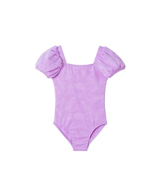 Toddler/Child Girls Palm Leaf Embossed Puff Sleeve Swimsuit