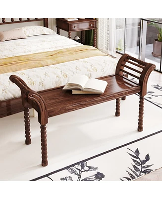 Elegant Retro Style Bench with Turned Legs, Bed End Bench for Bedroom or Living Room Decor, Walnut