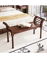 Elegant Retro Style Bench with Turned Legs, Bed End Bench for Bedroom or Living Room Decor, Walnut