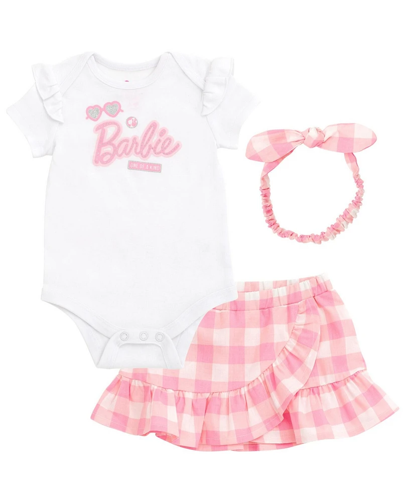 Barbie Baby Girls Bodysuit Ruffle Skirt and Bow Headband 3 Piece Outfit Set Newborn to Toddler