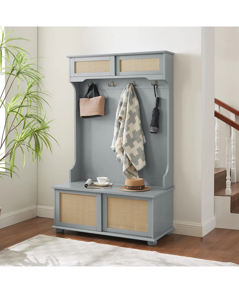 Hall Tree Entryway Bench with Shoe Storage, Rattan, Gray (40"W x 18"D x 64"H)