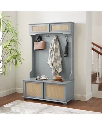 Hall Tree Entryway Bench with Shoe Storage, Rattan, Gray (40"W x 18"D x 64"H)