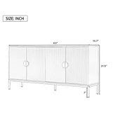 Vertical-Striped Four-Door Sideboard with Metal Legs and Semi-Circular Handles