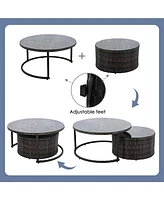 9-Pieces Outdoor Half-moon Patio Sofa Set, Round Sofa Set, Modern Style Sofa, Brown Wicker, Beige Cushion