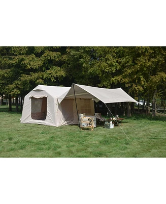 Inflatable Camping Tent with Canopy, Hand Pump, Easy Setup, Waterproof, Beige (9.8' x 13')