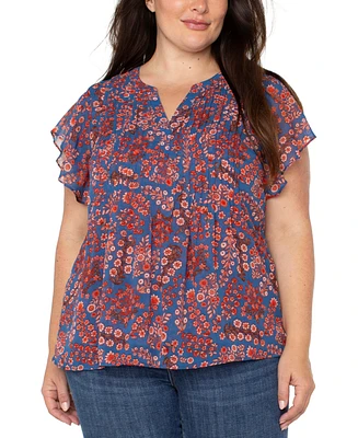 Liverpool Plus Printed Split-Neck Flutter-Sleeve Blouse