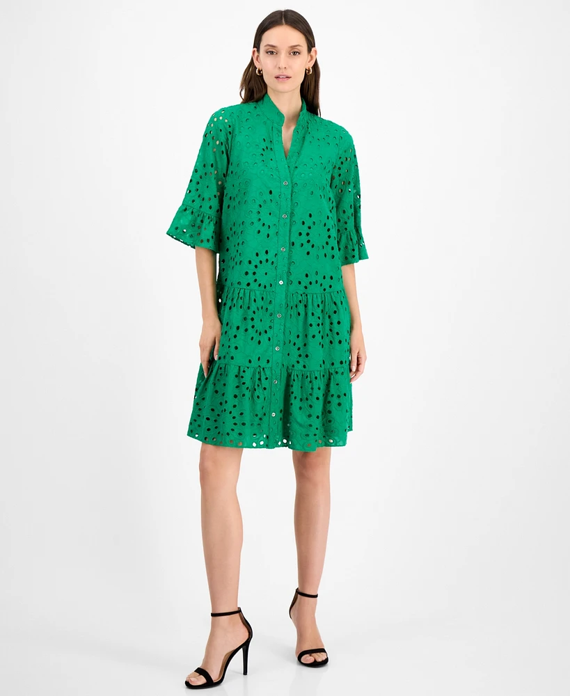 Anne Klein Women's Eyelet Embroidered Cotton Flare-Sleeve Shirtdress