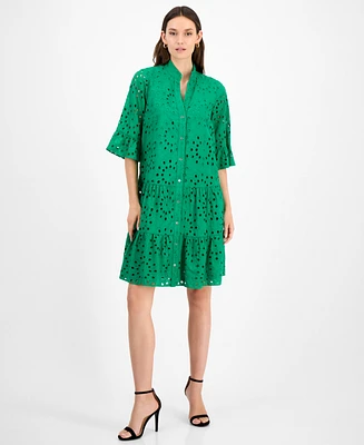 Anne Klein Women's Eyelet Embroidered Cotton Flare-Sleeve Shirtdress