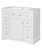 36" Bathroom Vanity with Sink Combo, One Cabinet and Six Drawers, Solid Wood and Mdf Board, White