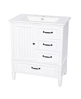 30" White Bathroom Vanity with Sink, Cabinet with Storage, Adjustable Legs