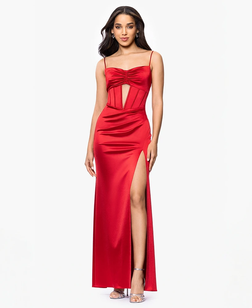 Blondie Nites Juniors' Sweetheart Corset Side-Slit Gown