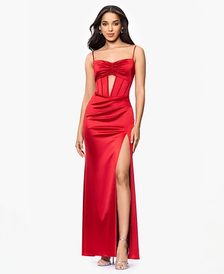 Blondie Nites Juniors' Sweetheart Corset Side-Slit Gown