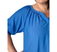 Liverpool Plus Woven Split-Neck Puff-Sleeve Blouse