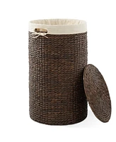Casafield Round Laundry Hamper with Lid and Removable Liner Bag - Espresso, Woven Water Hyacinth Basket for Clothes