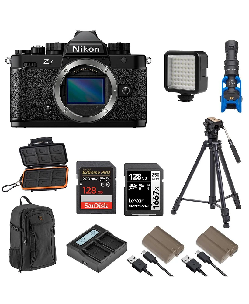 Nikon Z f Mirrorless Camera, Bundle with 3-Section Aluminum Video Tripod, TASC300 Shotgun Mic, 2x 128GB Sdxc Memory Card and 2x En-EL15c Lithium-Ion B