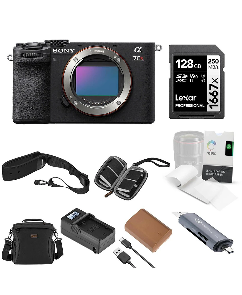 Sony Alpha a7CR Mirrorless Camera Body, Black, Bundle with Shoulder Bag, 128GB Sd Card, Card Reader, Extra Battery, Charger, Camera Strap, Tissue Pape