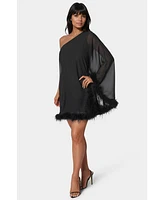 bebe Women's Feather Chiffon One Shoulder Cape Dress