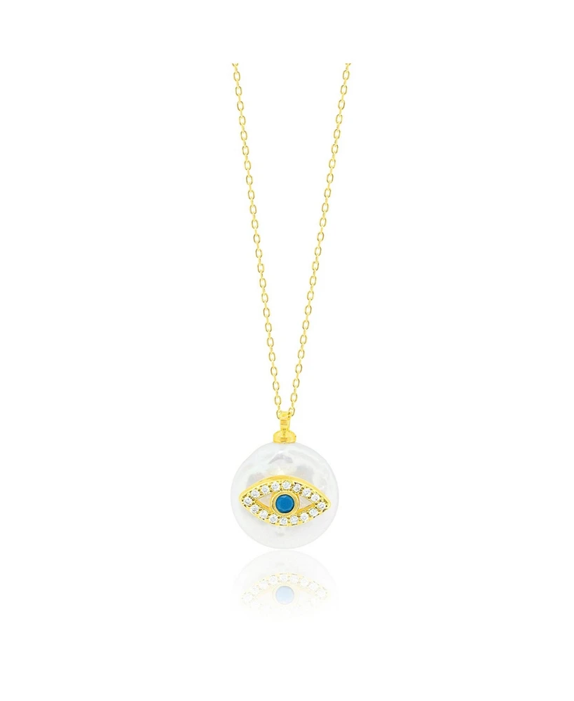 Etoielle Evil Eye Pearl Layering Necklace with Yellow Gold Tone Chain and Created Blue Saphire Accent